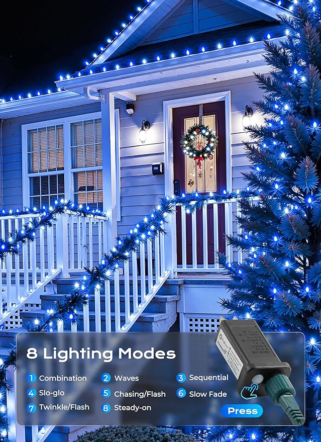 C9 Christmas Outdoor Lights 72 FT 110 LED C9 String Lights 8 Modes &amp Timer Extendable Waterproof for Christmas Tree Indoor Outdoor Roofline Patio Outside Garden Backyard Xmas Decor Blue White