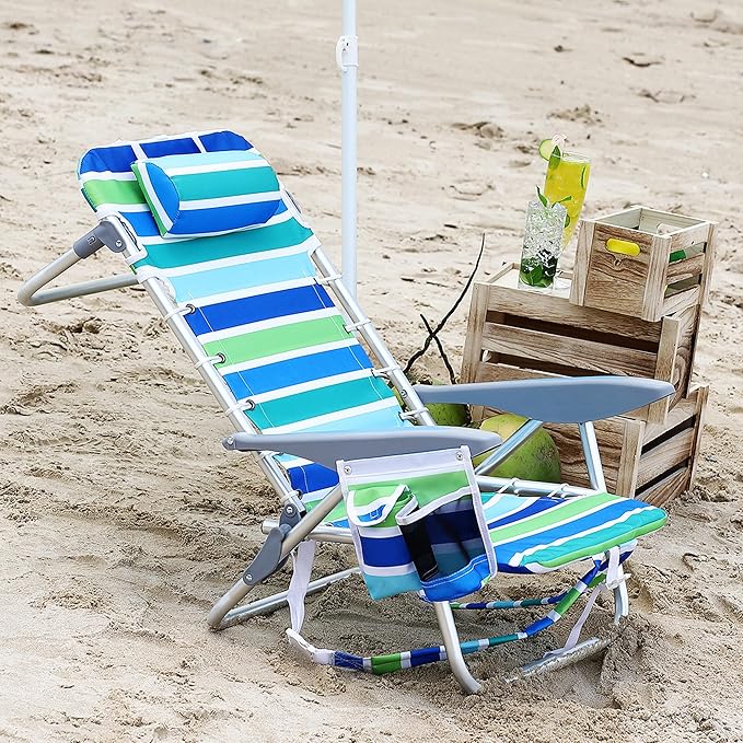 GarveeLife Backpack Beach Chair for Adults 2 Pack Lightweight Portable Lay Flat Folding Beach Chair with 5 Positions Backpack Straps Phone Pocket Cup Holder &amp Towel Bar Support to 300 LBS