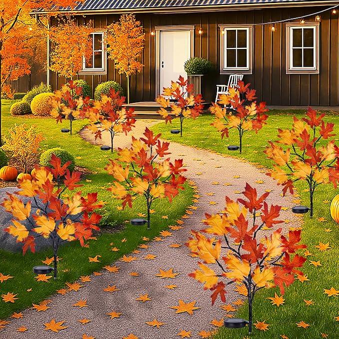 Fall Solar Pathway Lights 4PCS Autumn Outdoor Harvest Decorations Waterproof Maple Leaves Lights for Lawn Yard Garden Patio Walkway Driveway Landscape Lighting Auto On/Off
