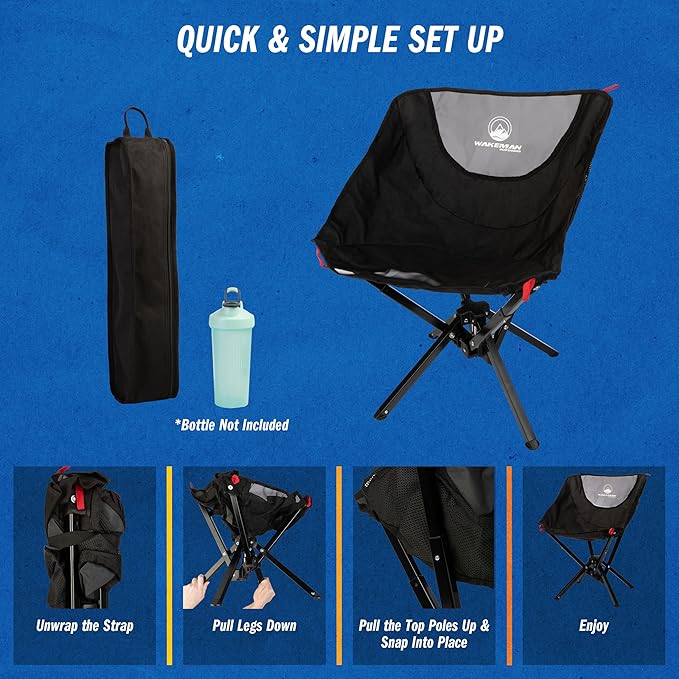 Portable Camping Chair - Compact Foldable and Lightweight Backpacking Chair with Carrying Bag - Backpacking Gear for Picnic Camp Hiking and Outdoor Field Use by Wakeman (Black)