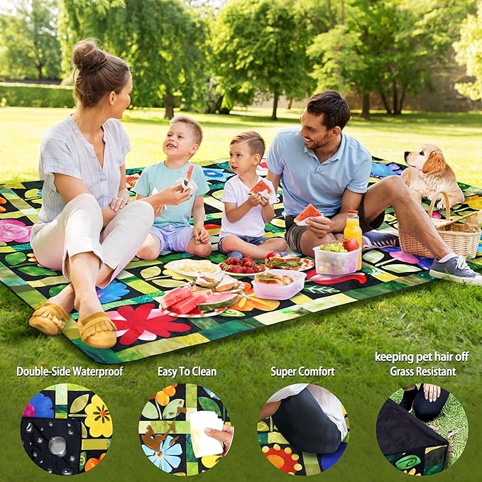 Picnic Blankets Beach Blanket 80 X 80 Extra Large Waterproof Camping Blankets Portable Outdoor Mat 3-Layer Blanket for Beach Hiking Park Music Festival Grass LawnTravel