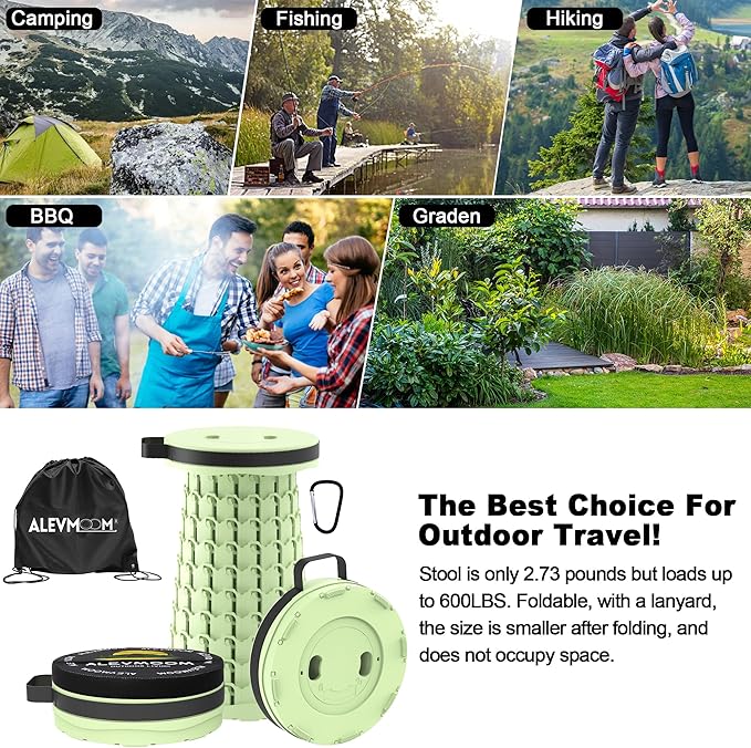ALEVMOOM Upgraded Collapsible Stool with Cushion &amp Bag 18 H Portable Retractable Telescoping Folding Stool for Adults Lightweight But Sturdy Capacity 600 lbs for Camping Fishing Hiking Travel
