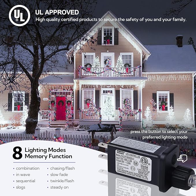 Hopolon 33FT 360L LED Christmas Icicle Lights Outdoor Waterproof8 Modes Plug in Curtain String Lights with 60 DropsChristmas Lights for WeddingPartyBedroomHomeGardenWall Decorations(White)