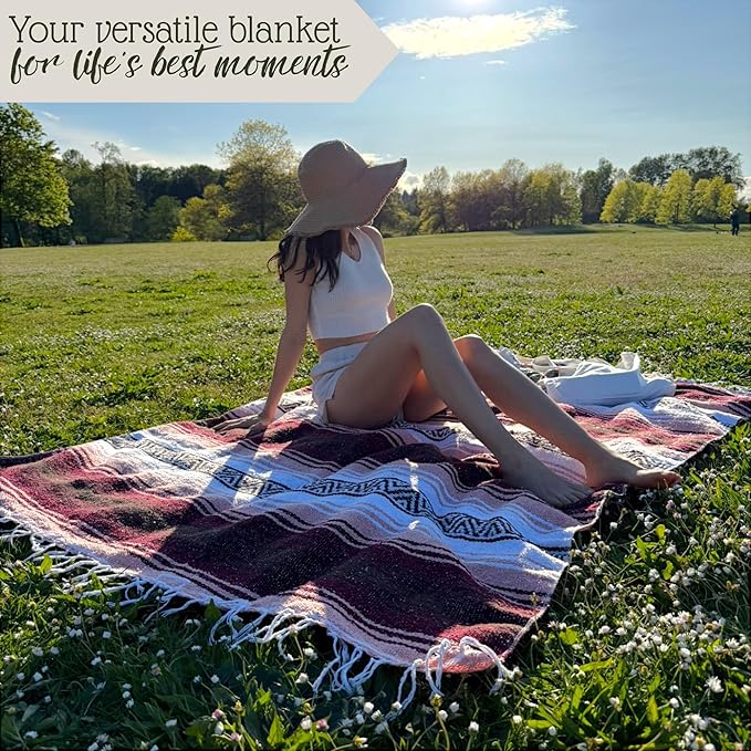 Traditional Handwoven Mexican Blanket Large Falsa Serape - Soft &amp Durable Yoga Blanket - Vibrant Beach Picnic &amp Camping Blanket - Lightweight Boho Throw 70x50