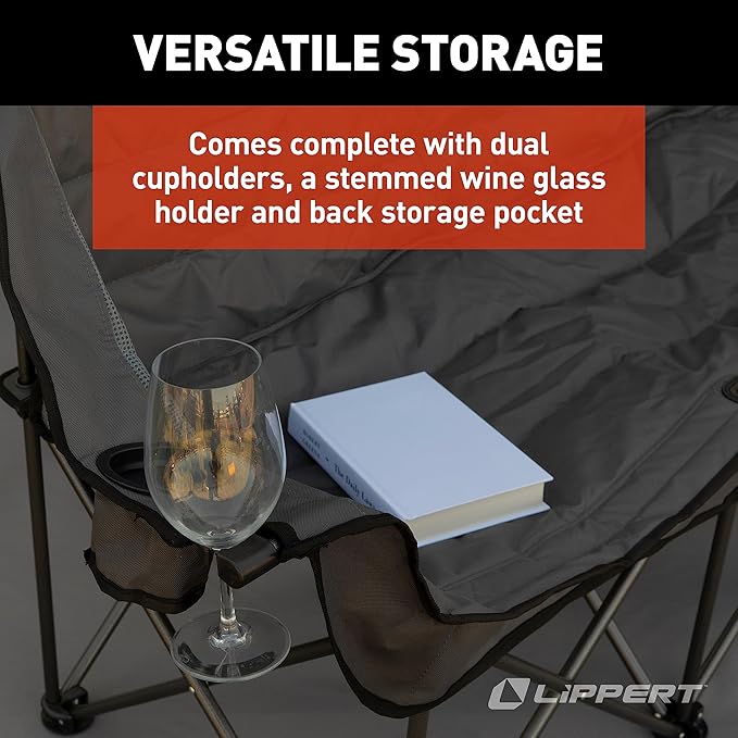 Lippert Campfire Folding Couch - Dark Grey High-Loft Foldable Sofa Dual Cup Holders Power Coated Steel Frame Durable 600D Outdoor Polyester Fabric 500 lb. Capacity 2022114796