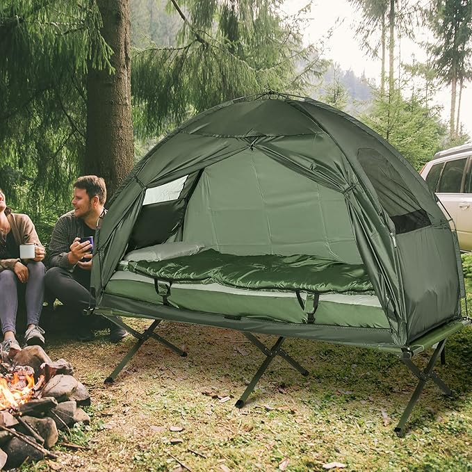 Single Person Elevated Camping Tent Cot Combo: Off-Ground Folding Cot with Attached Weather-Resistant Shelter &amp Carry Bag for Backpacking Hiking and Outdoor Adventures