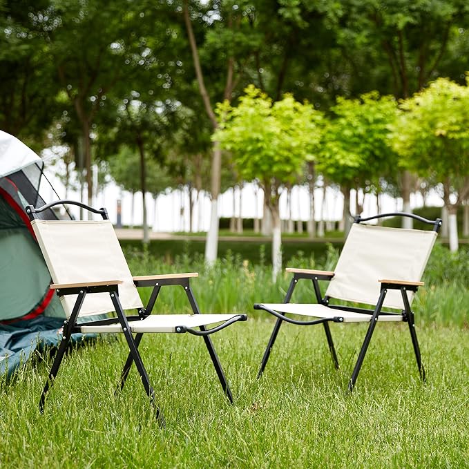 Portable Folding Camping Chairs Indoor Outdoor Use Beige with Wood Armrests Set of 2