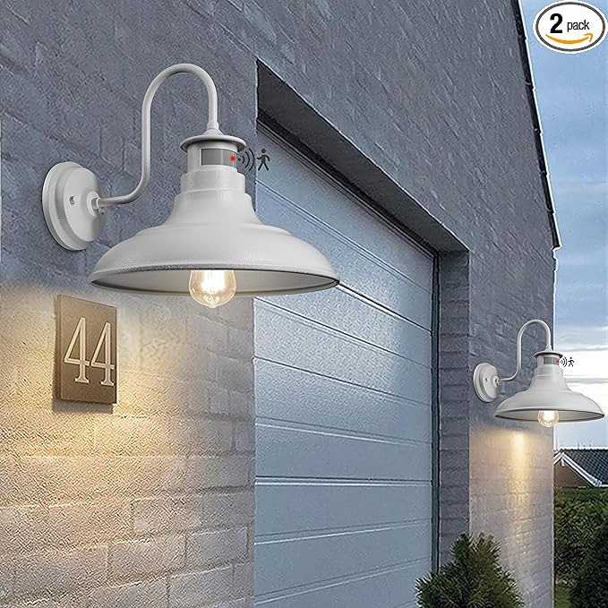 2 Pack Farmhouse Gooseneck Wall Sconce Barn LightsMotion Sensor and Dusk to Dawn Outdoor Wall Mount Lighting Fixtures3 Modes Exterior Porch Light IP65 Waterproof E26 Matte White Wall Lamp for Patio