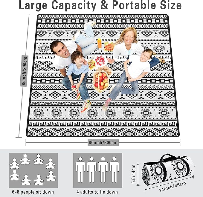 Extra Large Picnic Blankets Waterproof Foldable (80 x 80) Beach Blanket Waterproof Sandproof3-Layer Thicking Mat Outdoor Packable Camping Blanket(Bohemian)