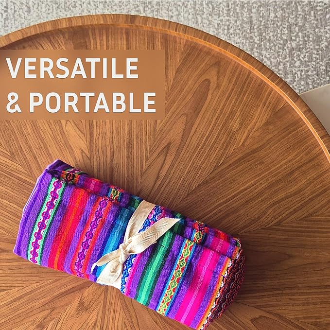 Lucio Fabrics Unique Native Peruvian Throw - Vibrant Colors Lightweight Durable - HomeYoga BeachCampingPicnicOutdoor Activities Thin Blanket 70'' x 47'' (Purple Festive Rainbow)