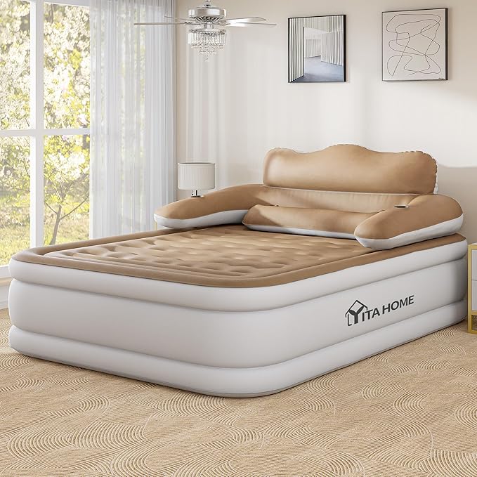 YITAHOME Queen Size Air Mattress with Headboard 18in Inflatable with Pillow Blow Up Mattress with Removable Electric Pump Comfort Air Bed Queen for Camping &amp Home Brown
