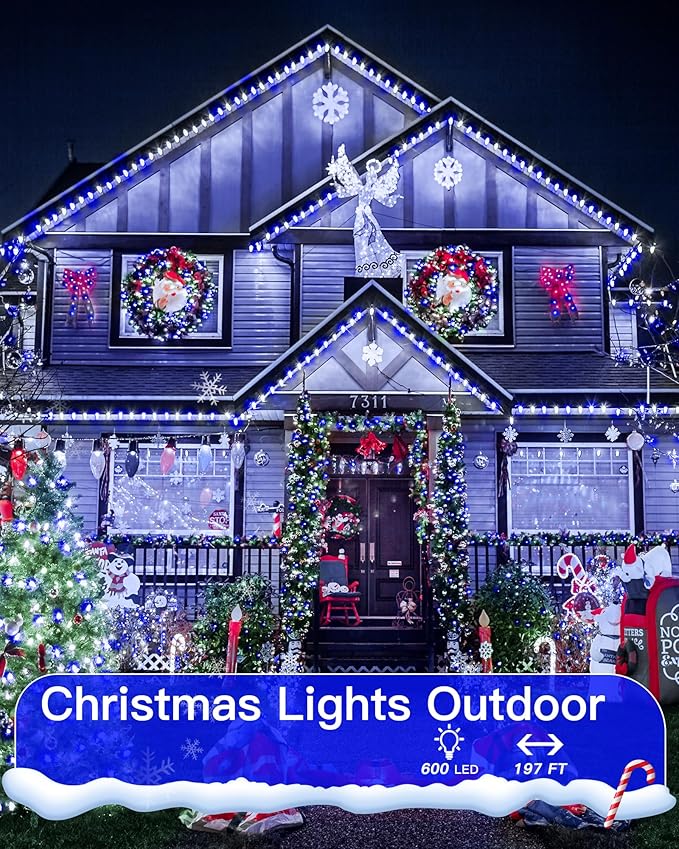 Christmas Lights Outdoor Waterproof 196FT 600LED String Lights with Remote8 Modes LED Lights Plug in Twinkle Fairy Light for Party Holiday Decor (Blue+White)