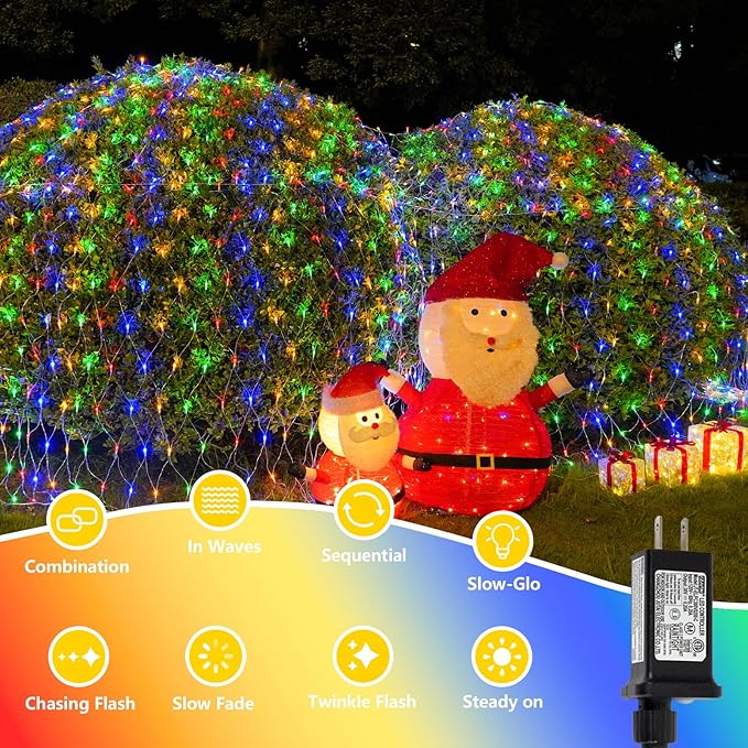 QITONG Net Lights Outdoor Mesh Lights 12ft x 5ft 360 LED Multicolor Christmas Light with 8 Modes Connectable Clear Wire Bush Light Plug in