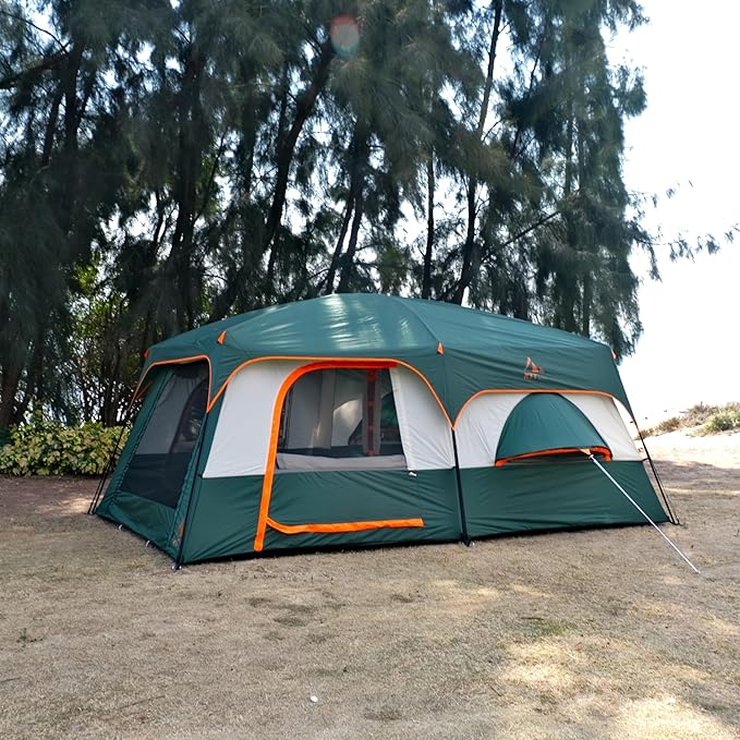 KTT Extra Large Tent 10-12-14 Person(A)Family Cabin Tents2 Rooms3 Doors and 3 Windows with MeshStraight WallWaterproofDouble LayerBig Tent for OutdoorPicnicCampingFamily Gathering