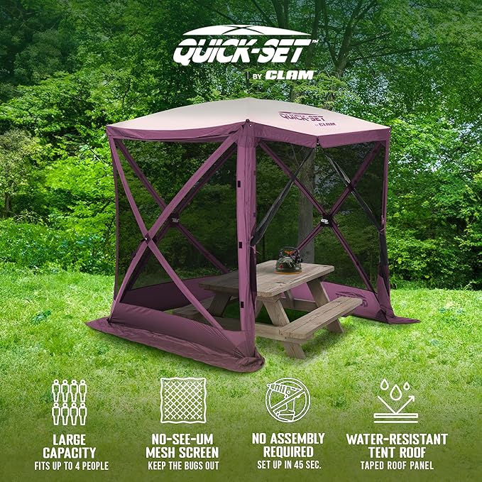 CLAM Pop-Up Screen Tent 6' x 6' Outdoor Camping Gazebo Portable 4-Sided Canopy with Ground Stakes &amp Carry Bag Traveler Plum