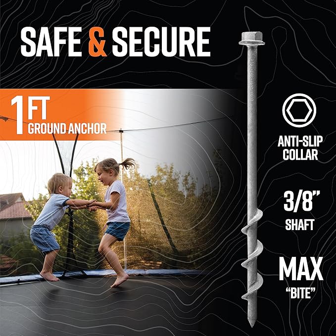 GROUNDGRABBA Screw in Tent Stake for Normal to Hard Ground | Premium Drill Driven Ground Anchor Earth Screws | 4X Pro Stakes (1 Foot) 4X Closed Hooks 1X 5/8 Hex Socket Driver