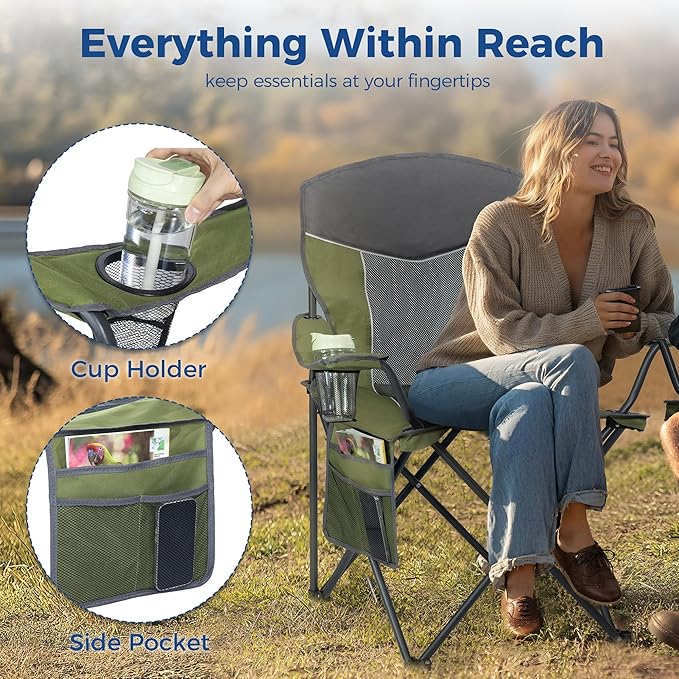 Outdoor Camping Chair 2-Pack with Mesh Back Folding Portable Lawn Chairs with Cup Holder &amp Side Storage Pocket for Camping Beach Picnic Fishing(Green)