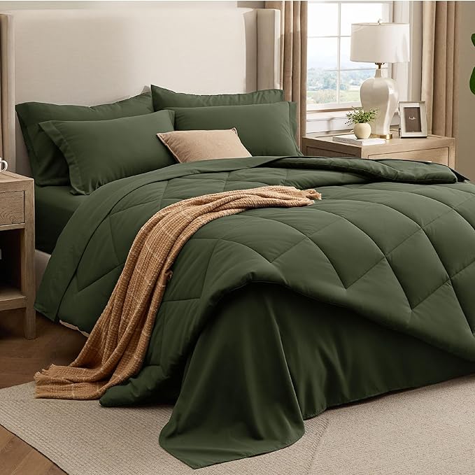 Bedsure 5 Pieces Twin Comforter Set Premium Series Hotel Luxury Soft Bed in a Bag Goose Down Alternative Safe for Sensitive Skin Bedding Comforter All Season Medium Warmth Olive Green Twin Size