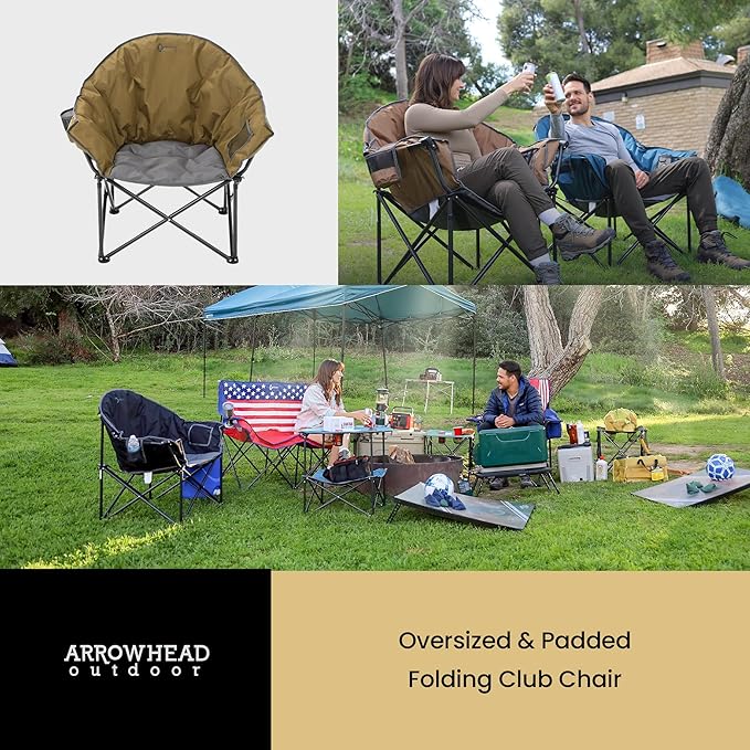 ARROWHEAD OUTDOOR Oversized Heavy-Duty Club Folding Camping Chair with Pocket Cup Holder Portable Padded Moon Round Saucer Supports 330lbs Carrying Bag