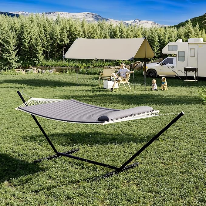 Ultra-Comfort 2-Person Hammock Set with Foldable Steel Frame – Heavy-Duty Outdoor Lounger for Garden Camping &amp Patio (450lb Capacity + Quick-Stow Carry Bag)Dark Gray (Flat)