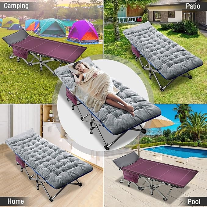 ABORON Folding Camping Cot W/Mat for Adults Heavy Duty Outdoor Bed with Carry Bag1200 D Layer Oxford Travel Camp Cots