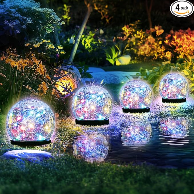 Solar Lights Outdoor for Yard Patio Porch Garden Decor Birthday Gifts for Mom Women Solar Globe Lights Waterproof Cracked Glass Ball Outdoor Decorations Balcony Backyard (4 Pack Multicolor)