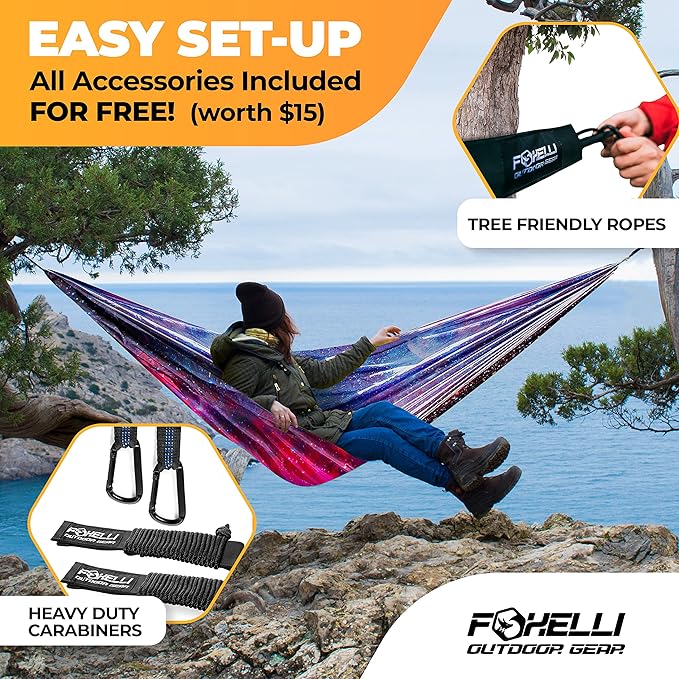 Foxelli Camping Hammock – Ultralight Hammock for Backpacking Hiking Festivals Travel - Easy Setup with Tree-Friendly Ropes &amp Steel Carabiners Heavy Duty Parachute Nylon