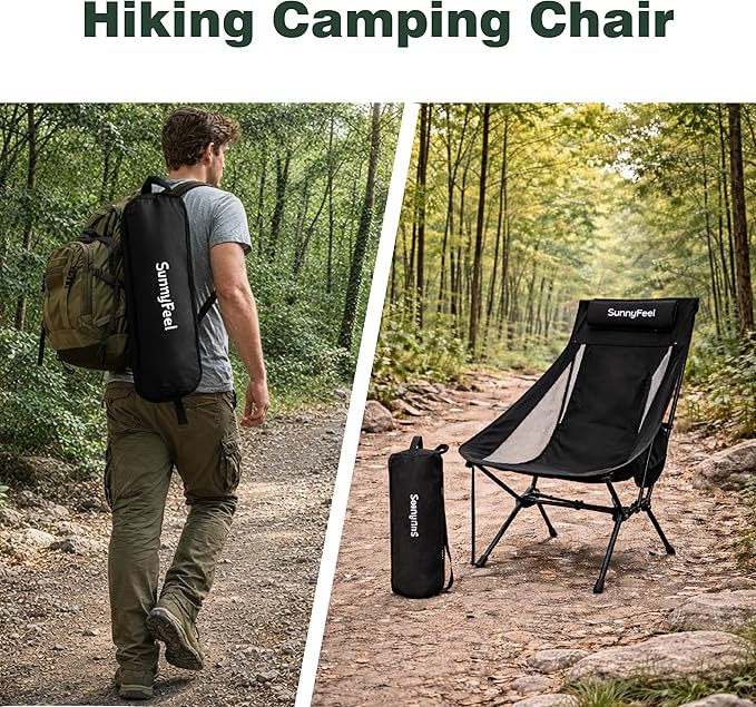 SUNNYFEEL High Back Camping Chair 15 Second Setup Frame 330lb Capacity Portable Backpacking Chair Lightweight &amp Compact Folding Camp Chair for Hiking Camping Black