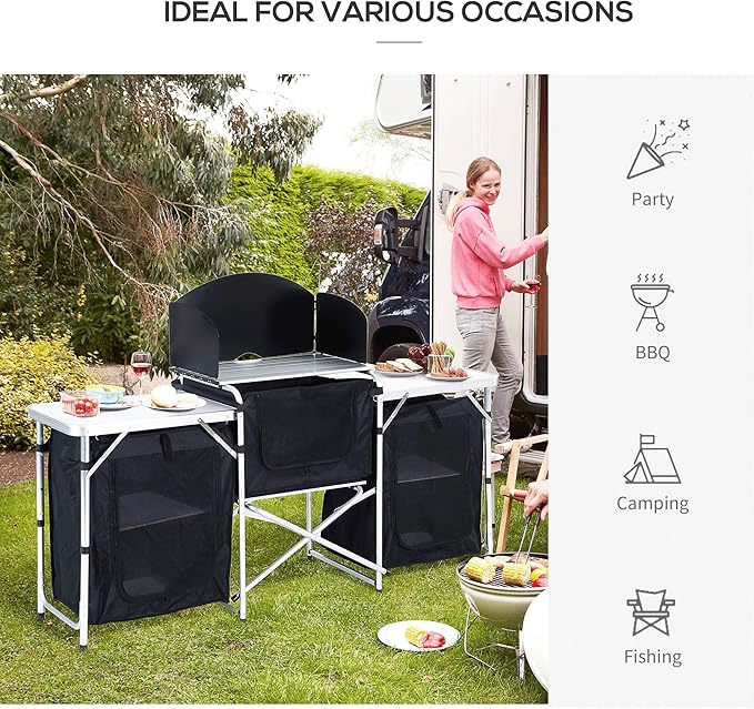 Aluminum Portable Camping Kitchen Fold Up Cooking Table with Windscreen and 3 Enclosed Cupboards for BBQ Party Picnics Backyards