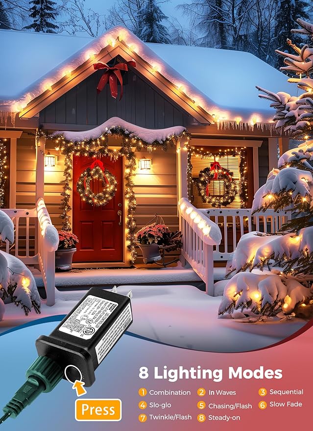 C9 Christmas Lights Outdoor 114 Feet 150 LED C9 String Lights with Timer &amp 8 Light Modes Waterproof Commercial Grade Connectable Christmas Tree Lights for Indoor Outside Roofline Patio Warm Whi