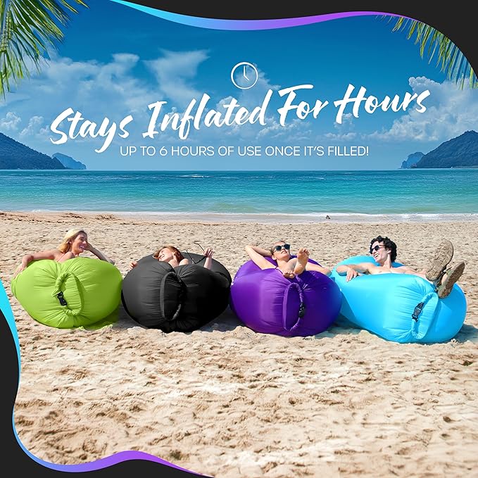 Nevlers Black &amp Blue Inflatable Lounger 2 Pack | 210T Polyester Inflatable Couch Set |No-Pump Blow Up Couch | Outdoor Furniture w/ 450lbs. Capacity Pockets &amp Carry Bags For Use as Festival Es
