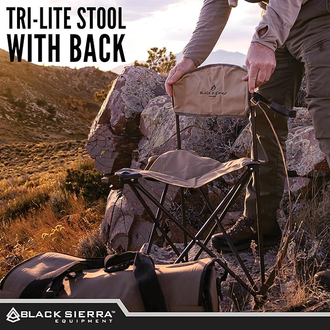 Black Sierra XL Tri-Lite Hunting Blind Stool w/Backrest Lightweight Portable Fishing Chair w/Cupholder &amp Carry Strap Supports 225 Lbs Portable Outdoor Chair for Hunting Camping Travel Hiking
