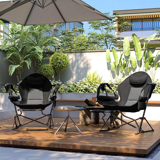 Outsunny Double Hammock Camping Chair Adjustable Back Folding Rocking Chair Swinging Hammock Chair with Cup Holder Headrest Removable Footrest Padded Seat for Travel Sports Concerts Black