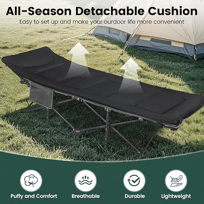 Oversized XXL Folding Camping Cot W/Mattress 75 L x 27.5 W x 14 H Heavy Duty Portable Cot for Adults with Carry Bag – Durable 1200D Oxford Fabric for Camping Travel Home or Office