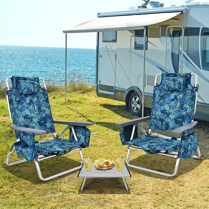 Backpack Beach Chair 5 Position Adjustable Camping Chairs with Aluminum Table Head Pillow Cooler Bag Cup Holders Folding Beach Chairs for Adults (with Table Blue Leaves)