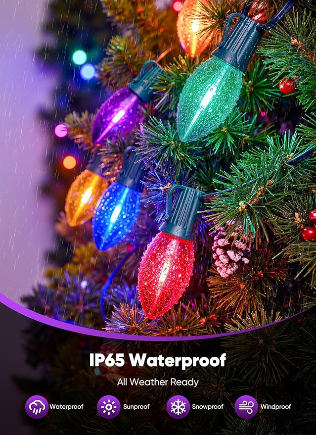 Vintage C9 LED Christmas Lights Outdoor - 50 Feet String with 50 Colored Bulbs Waterproof Connectable Lights for Holiday Party Roofline Backyard Garden Patio Green Wire