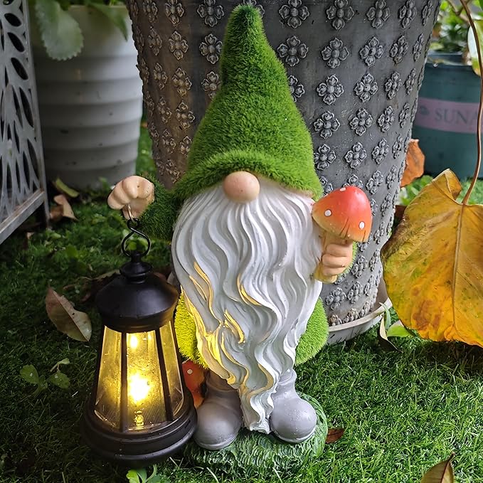 Gnomes Solar Garden StatuesResin Gnome Figurine Decorations Holding Mushroom and Solar Lights Lantern Outdoor Figurines Lawn Garden Statue Decor Art for LawnYard Balcony Ornament.