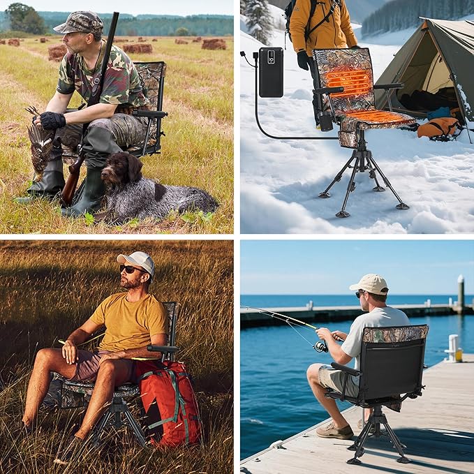 Heated Swivel Hunting Chair with Battery 360 Degree Slience Hunting Blind Chair with Armrest Cup Holder Camouflage Pattern for Deer Bird Hunting (Heated 1 Pack)