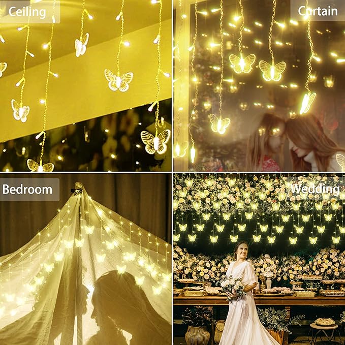 Butterfly Curtain Fairy Lights USB Plug in120 LED 8 Modes 20FT Firefly Twinkle Icicle String Lights with Remote Timer Waterproof Copper Wire for Bedroom Patio Christmas Wedding Party Dorm(Warm White)