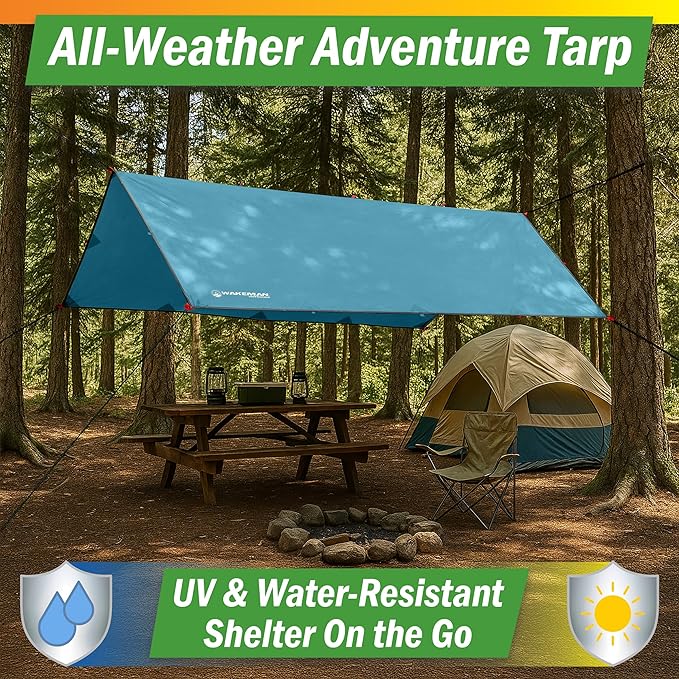 Camping Tarp for Tent or Hammock Rain Fly - 10 x 12 Tarp for Camping Hiking Backpacking or Portable Lightweight Survival Shelter UV Protection and 3000mm Water Resistant by Wakeman Outdoors (Blue)