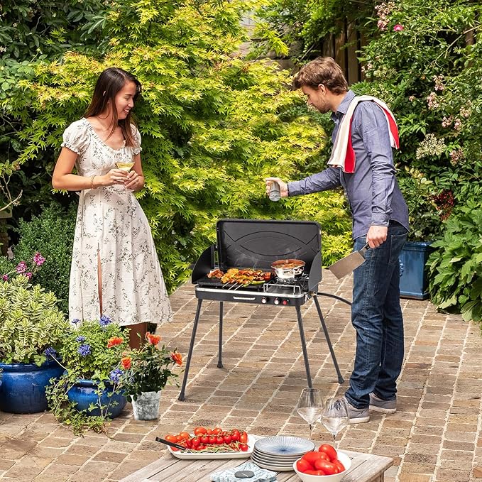Giantex 2-in-1 Gas Camping Grill and Stove Portable Propane Grill Burner with Dual Control Knobs Detachable Legs 3-Sided Wind Screen Gas Hose with Regulator 20000 Total BTUs (Black)