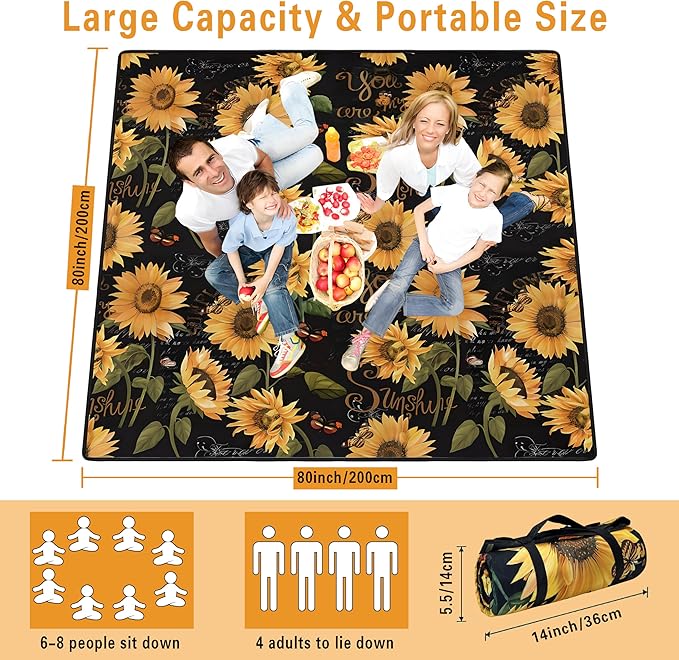 Extra Large Picnic Blankets Waterproof Foldable (80 x 80) Beach Blanket Waterproof Sandproof3-Layer Thicking Mat Outdoor Packable Camping Blanket