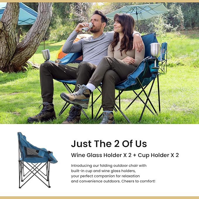 ARROWHEAD OUTDOOR 2-Pack Portable Folding Camp Loveseat Chair w/Glass &amp Cup Holders Heavy Duty Carry Bag 650 lbs Weight Capacity