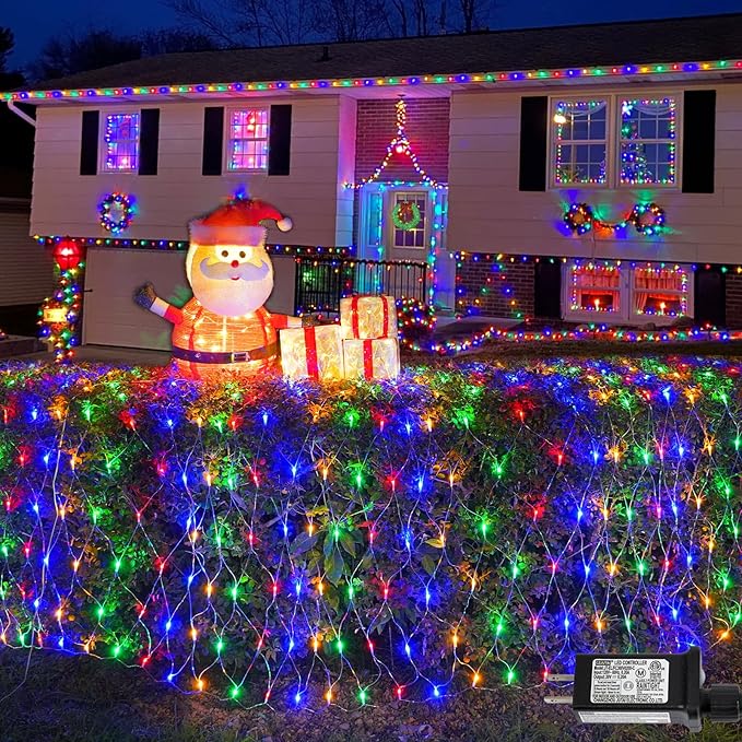 YEGUO Net Lights Outdoor Mesh Lights 12ft x 5ft 360 LED Multicolor Christmas Light Outdoor Waterproof 8 Modes Connectable Clear Wire Bush Light Plug in
