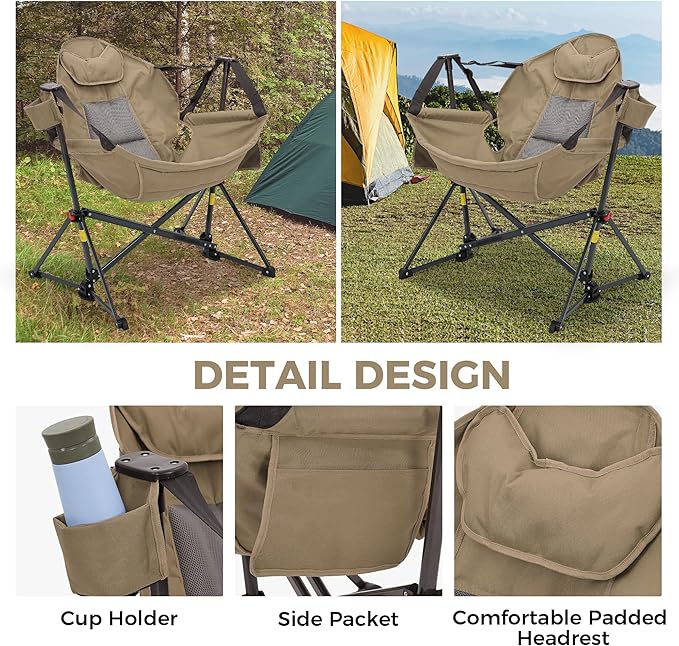 Ainfox Hammock Camping Chair Foldable Portable Rocking Chairs for Adults Outside Swinging Camp with Cup Holder Pillow for Outdoor Patio Poolside (Brown)