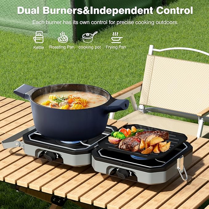 Camping Stove Portable Propane Camp Stove with Independently Adjustable Heat &amp 2 Burners Foldable Gas Stove with Carry Bag for Outdoor CookingTailgating &amp Backyard Gathering（Gray）
