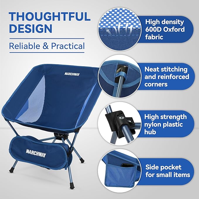 MARCHWAY Lightweight Folding Camping Chair Portable Foldable Compact for Outdoor Camp Travel Beach Picnic Festival Hiking Backpacking Supports 330Lbs (Dark Blue)