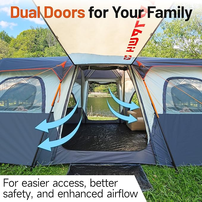 Family Camping Tent for 8-12 People 2-Minute Instant Setup with 2 Room Dividers Waterproof Windproof Ventilated Easy Carry for Outdoor Camping Hiking Picnic