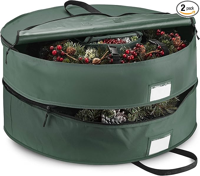 ZOBER Christmas Wreath Storage Container 36 Inch - Wreath Bag Fits 2 Wreaths Box - 600D Oxford Fabric - Interior Compartment for Storing Garlands Wreaths Storage Bag W Strong Durable Handles - Green