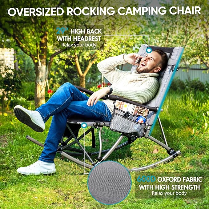 Oversized Folding Rocking Camping Chair Outdoor Portable Rocker Chair with Hard Armrest for Adults Heavy Duty Foldable Rocking Chairs for Outside Patio Lawn Supports up to 400 Lbs Gray